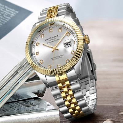 론진시계 세인트스코트 본사 정품 천연 다이아몬드 스와로브스키 세팅 사파이어 글라스 커플 시계 ST5601